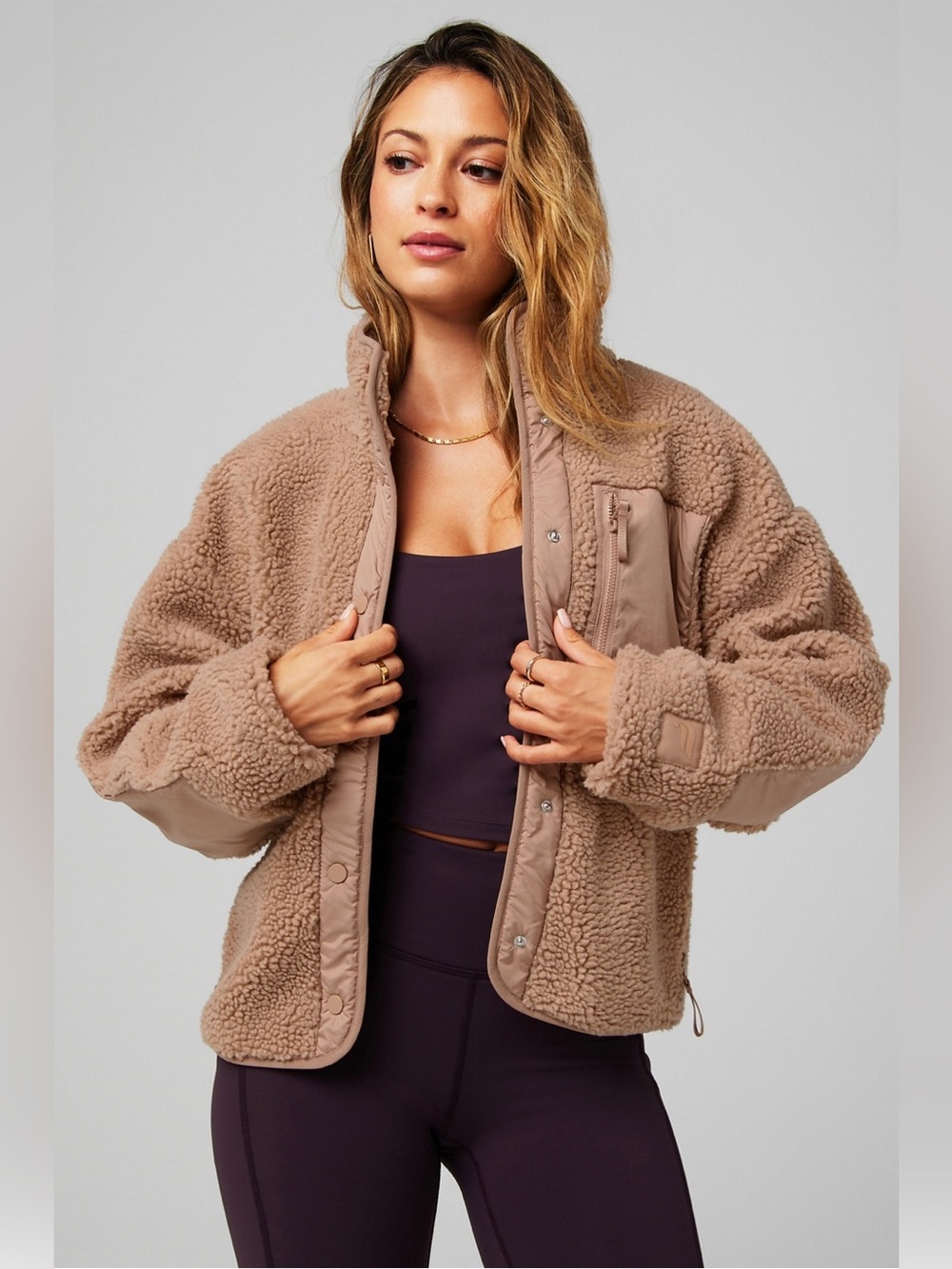 Fabletics Tahoe Teddy Jacket, Brown (Waffle Come), Sz XL, NWT